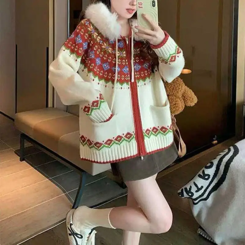 เสื้อคลุมคาร์ดิแกนสั้นสำหรับผู้หญิง ลายแฟร์ไอส์ แบบมีฮู้ด ถักนิตติ้ง สำหรับฤดูใบไม้ร่วงและฤดูหนาว สไตล์หลวมๆ สบายๆ สำหรับผู้หญิง เสื้อถักนิตติ้งลำลอง