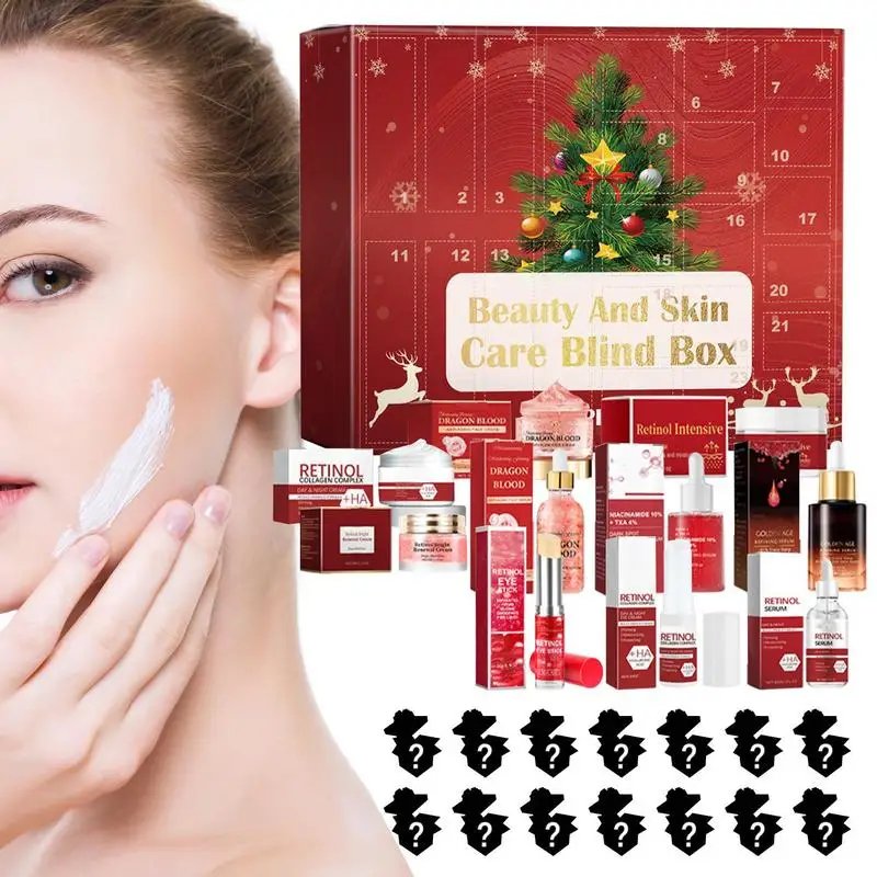 Calendario de Adviento para niñas, juego de maquillaje de 24 piezas, productos de cuidado de la piel, calendario de cuenta regresiva de Navidad, crema facial de retinol, suero, bálsamo labial