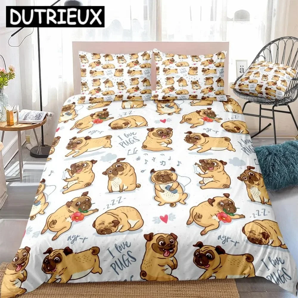 3 Pieces Cartoon Pugs Bedding Kids Boys Girls Cute Dogs Duvet Cover Set White Quilt Cover Pet Queen Home Textiles Dogs Dropship