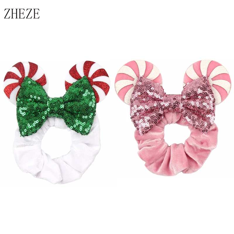 

2Pcs/Lot New Pretty Mouse Ears Sequins Bow Women Velvet Scrunchies Fashion Waist Hair Bands Headband For Girl Headwear