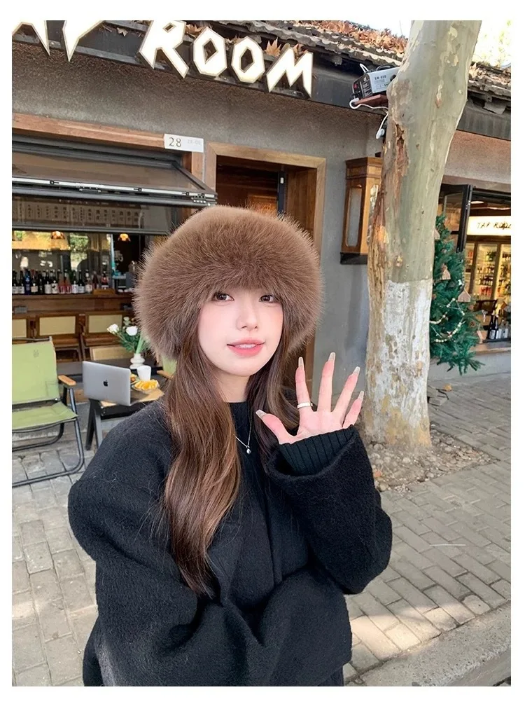 Winter Faux Fur Hat Women Thick Plush Fluffy Russian Ushanka