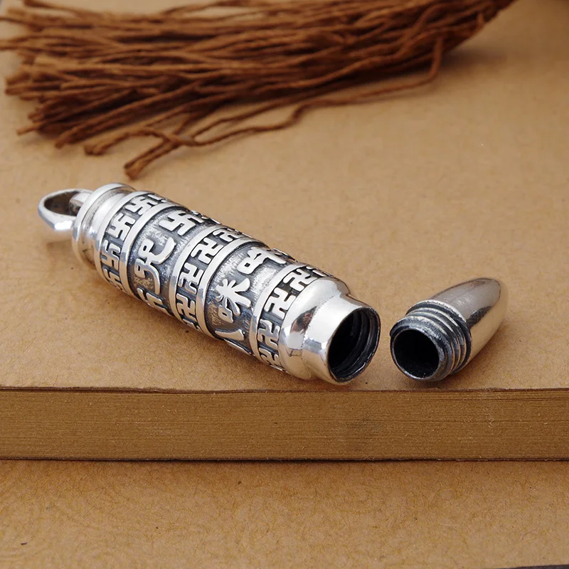 New in silver 925 Ethnic Style Embossed design Six Word Mantra Pendant cylindrical glossy Men\'s necklaces Simplicity  Jewelry