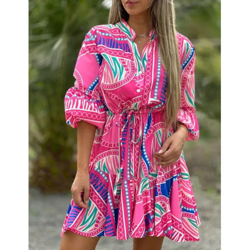 2024  Summer New Fashion Women's Mini Dress V-Neck Flare Sleeves Boho Print Skirt Spliced Sexy Holiday Beach  Dress Streetwear