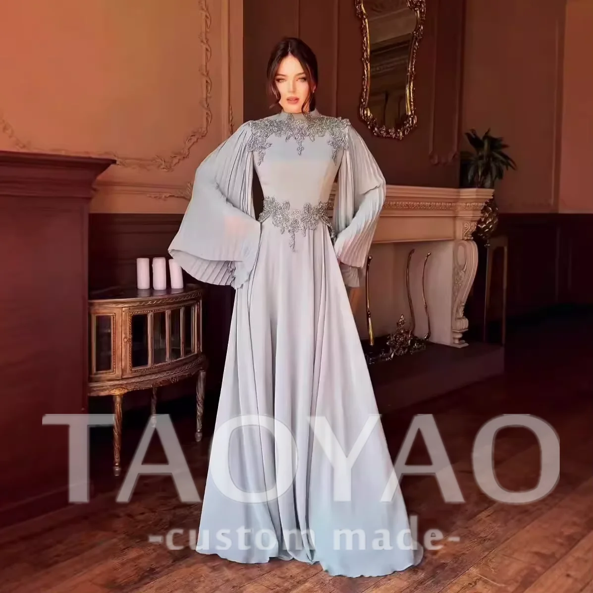 

Customized Grey A Line High Neck Arabia Prom Dresses Long Sleeves Pleats A-Line 2025 Long Dresse Applique Robe De Soriee