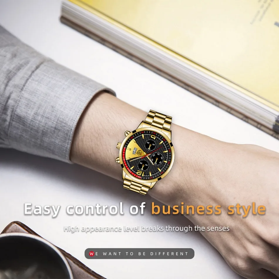 5 P/Set Golden Business Casual Moda Acero Inoxidable Reloj de Cuarzo para Hombre, Conjunto de Reloj Dorado Regalos para Hombres