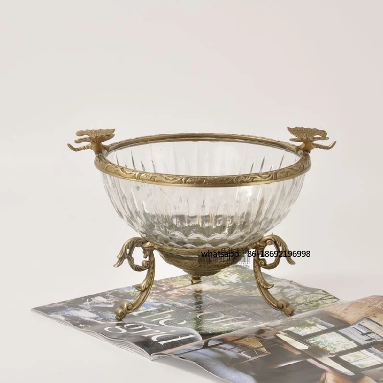 India Imported European Style American Brass Glass Tall Fruit Bowl Fruit Basket Soft Decoration Light Luxury Living Room Home