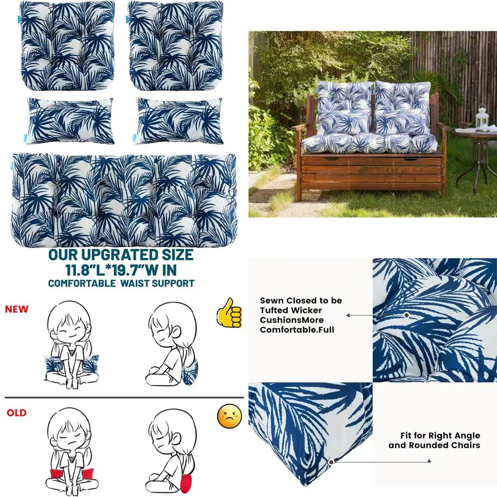

outdoor u-shaped settee cushions, 5-piece set, wicker loveseat with ties, 44x19