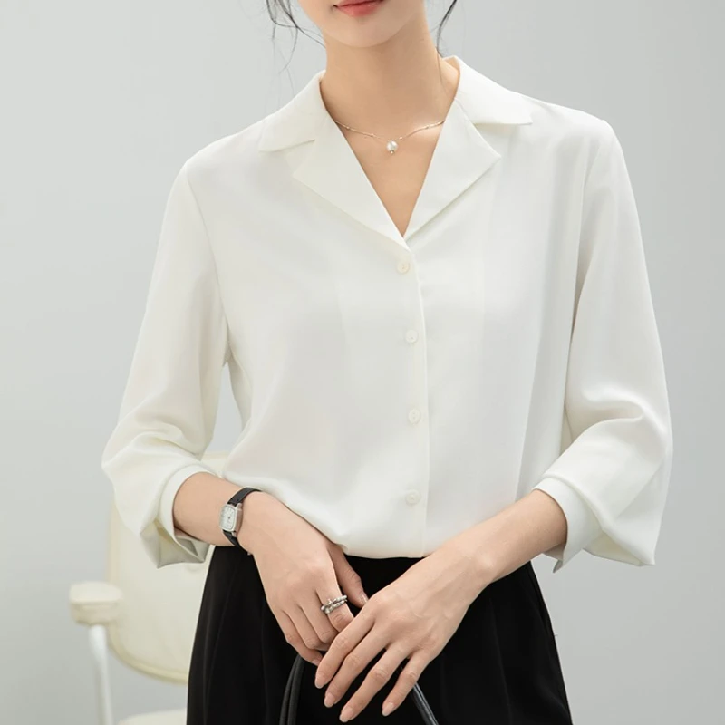 

2025 New Spring Autumn Women's White Blouses Elegant V-neck Long Sleeve Single Breasted Casual Loose Office Shirts Tops Female