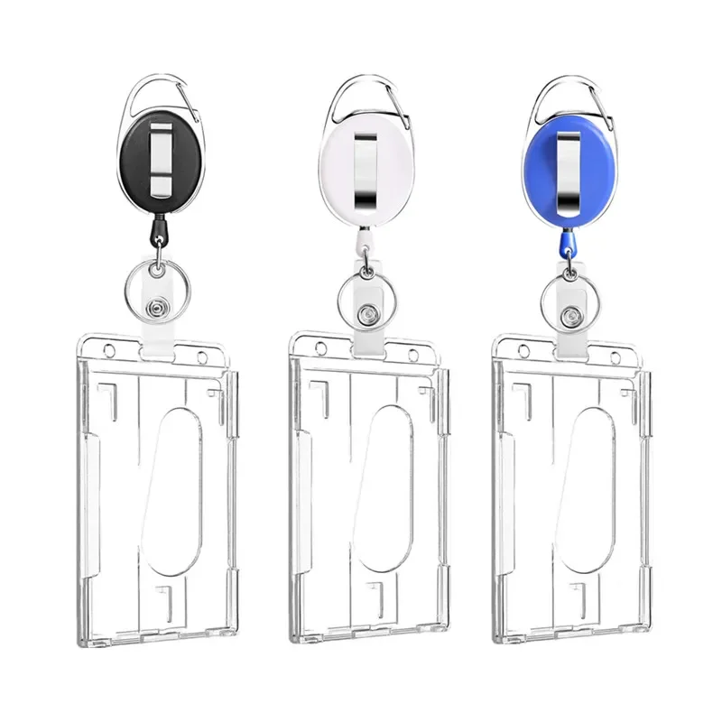 1pc Double Badge Holder Vertical 2 Card Badge Holder With Thumb Slots Hard Transparent Case Protector With Retractable Badge