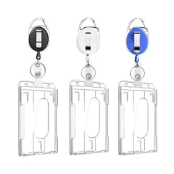 1pc Double Badge Holder Vertical 2 Card Badge Holder With Thumb Slots Hard Transparent Case Protector With Retractable Badge