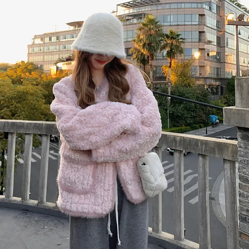 Pink Faux Fur Jacket Women Fashion with Pocket Long Sleeves Lamb Wool Warm Coat Ladies Korean High Street Short Outwear