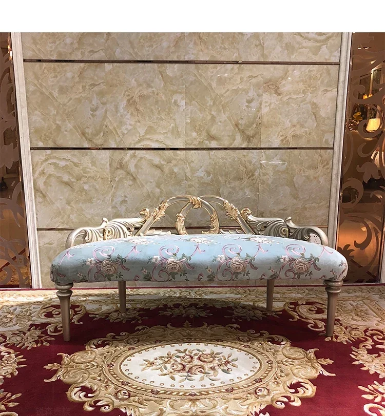 

French solid wood bed end, European carved bedroom bed, sofa stool, bedside bench