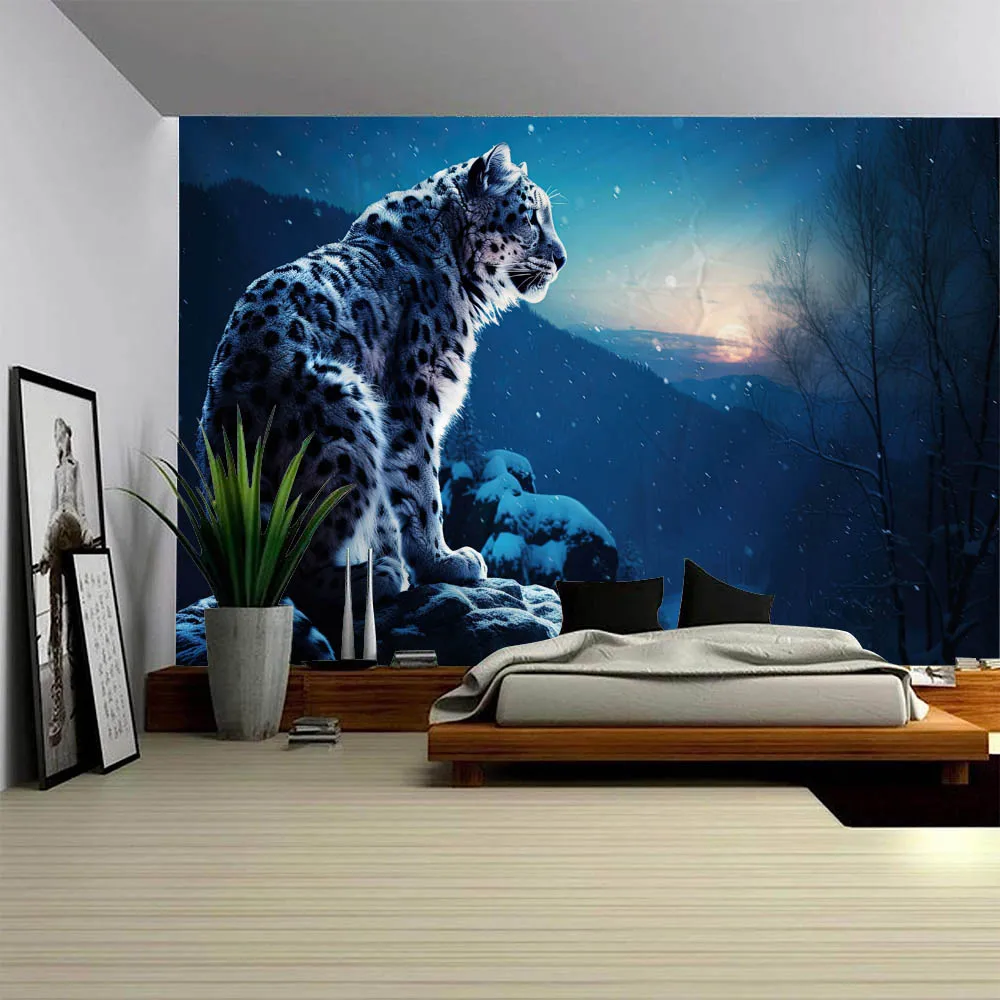 Mountain top snow leopard tapestry living room decoration cheetah background bedroom wall hanging cloth home aesthetics