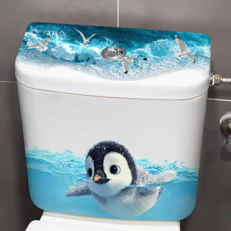 ~Cute Swimming Penguin Toilet Sticker Toilet Lid Tank Sticker Bathroom Wall Sticker Self-Adhesive Removable Decals Home Decor