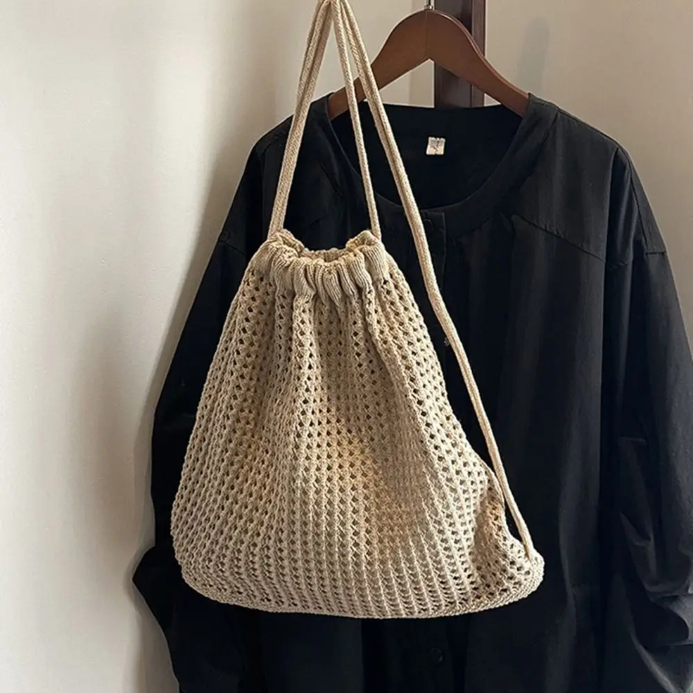 

Solid Color Knitting Shoulder Bag Lazy Style Hollow Out Bohemian Crochet Backpack Large Capacity Versatile