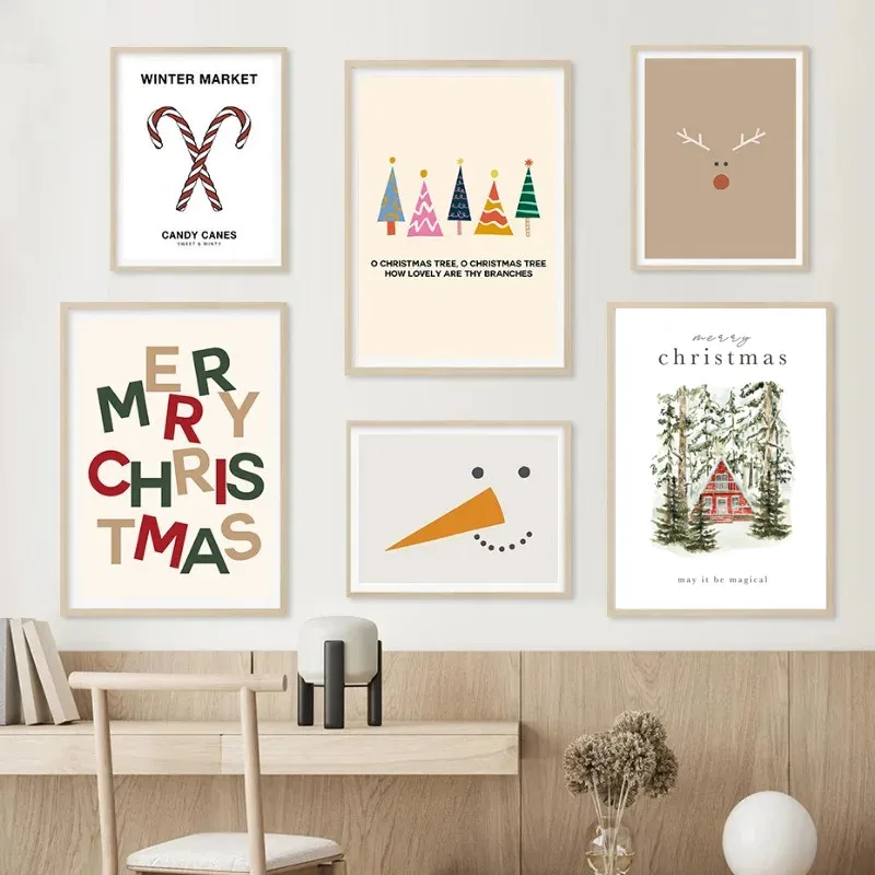 Santa Claus Snowman Reindeer Canvas Print Christmas Tree Christmas Wall Art Poster Picture Holiday for Living Room Home Decor
