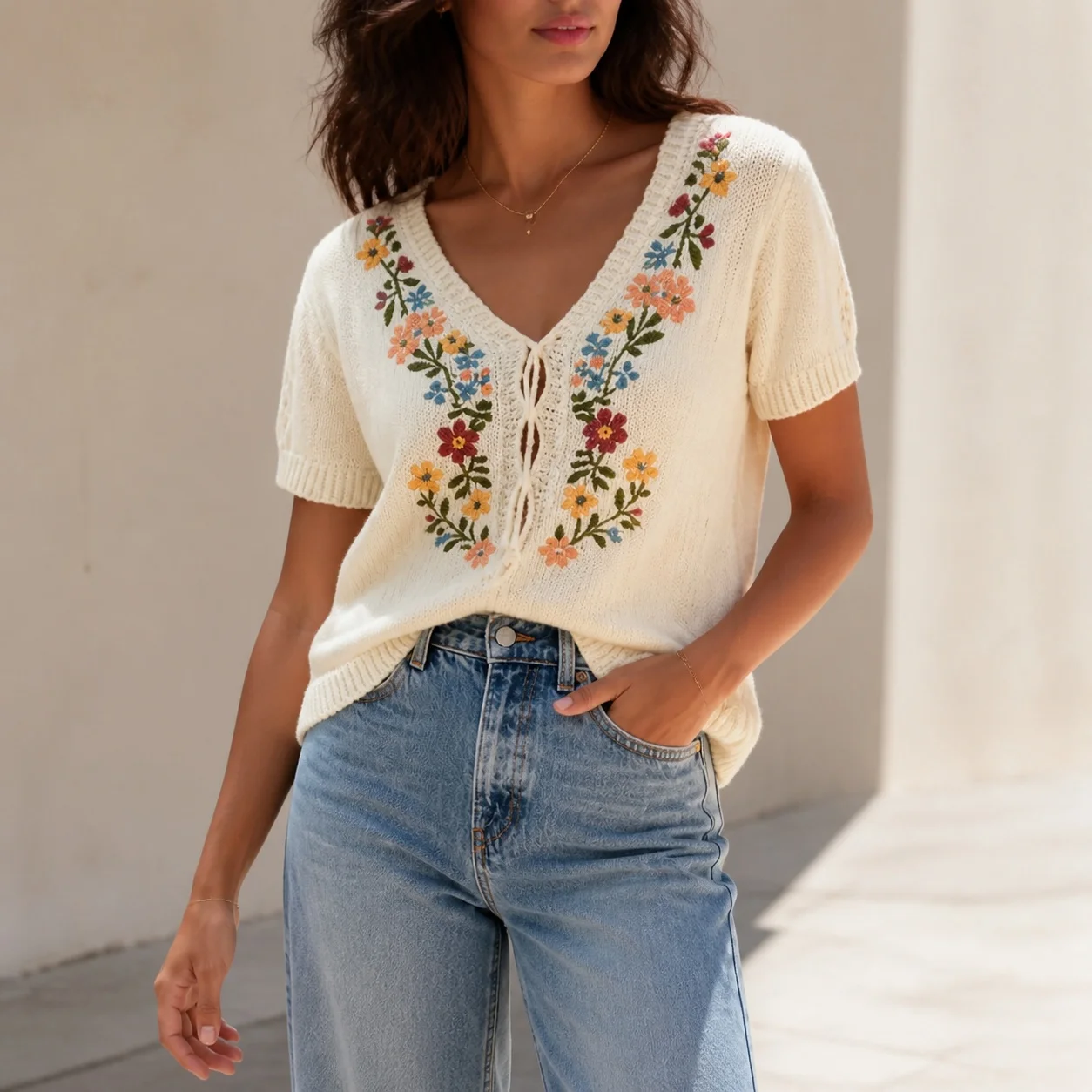 Pullover Single Sweater Regular Length Edgy Street with Floral Pattern Three Quarter Sleeve Streetwear Summer Cardigan for Women