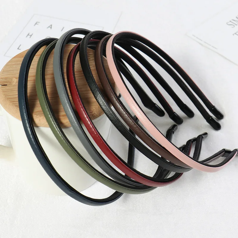 New Women Vintage Pu Leather Plain Thin Hairbands Simple Handmade Solid Headwraps Washing Headbands Elegant Hair Hoop