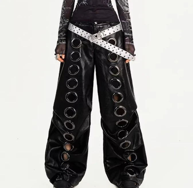 Spring Autumn Personality Retro Punk Dark Straight Wide Leg Pu Leather Pants Fashion High Waist Street Handsome Retro Trousers