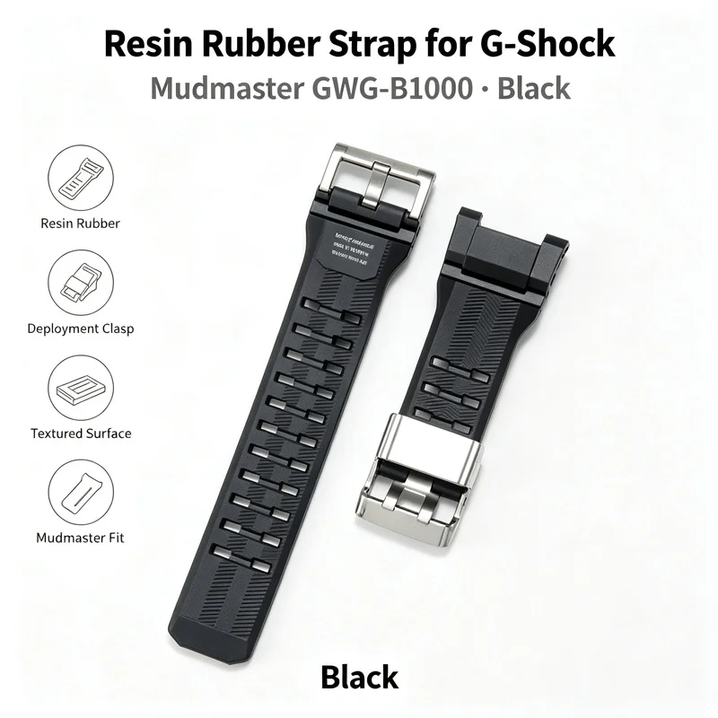 Resin Rubber Strap for Casio G-Shock Mudmaster GWG-B1000 Black Textured Deployment Clasp Men Women Sports Replacement Watch Band