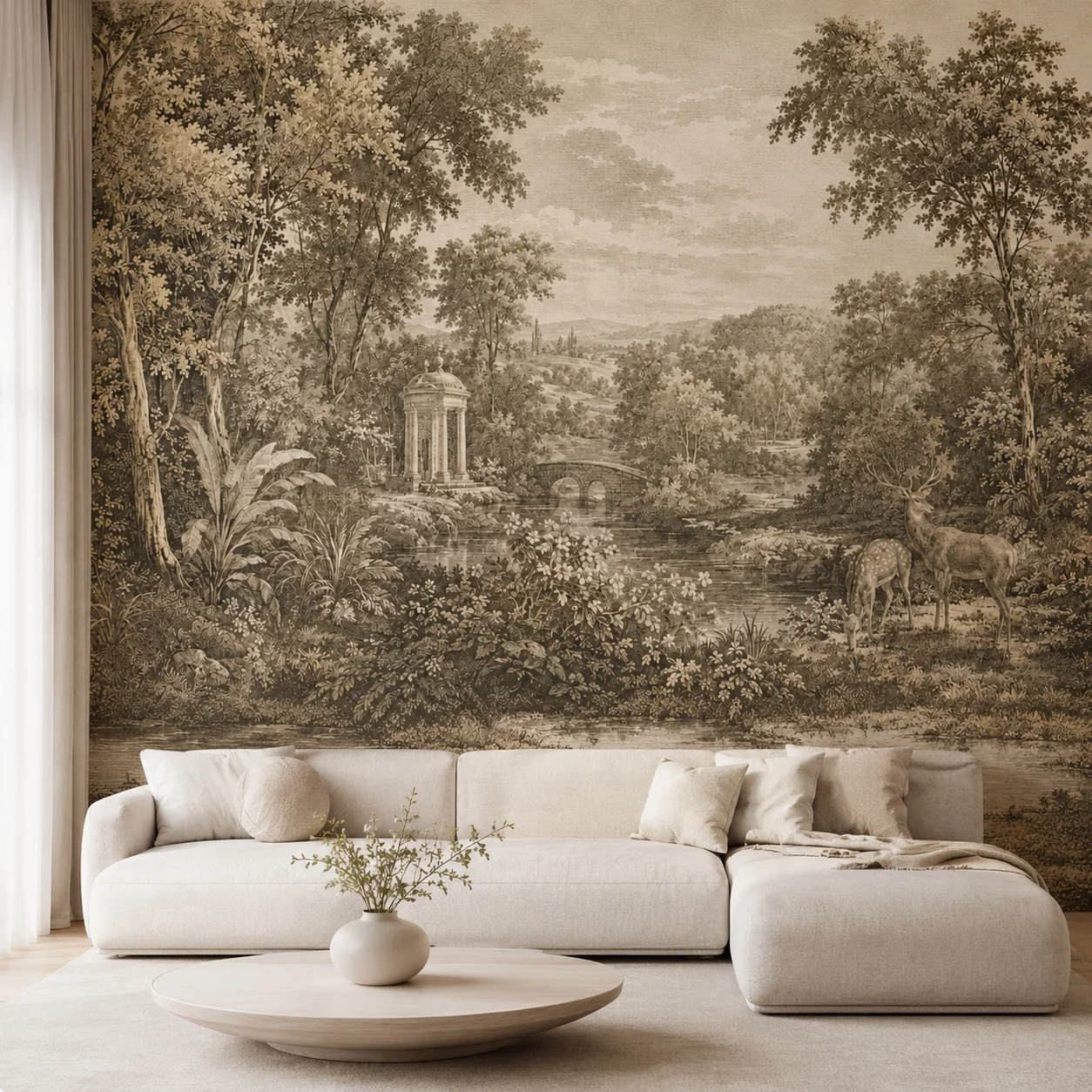 Vintage Forest Landscape Wallpaper Mural Deer Scenic Toile Sepia Wall Decor Living Room Bedroom Non Self Adhesive