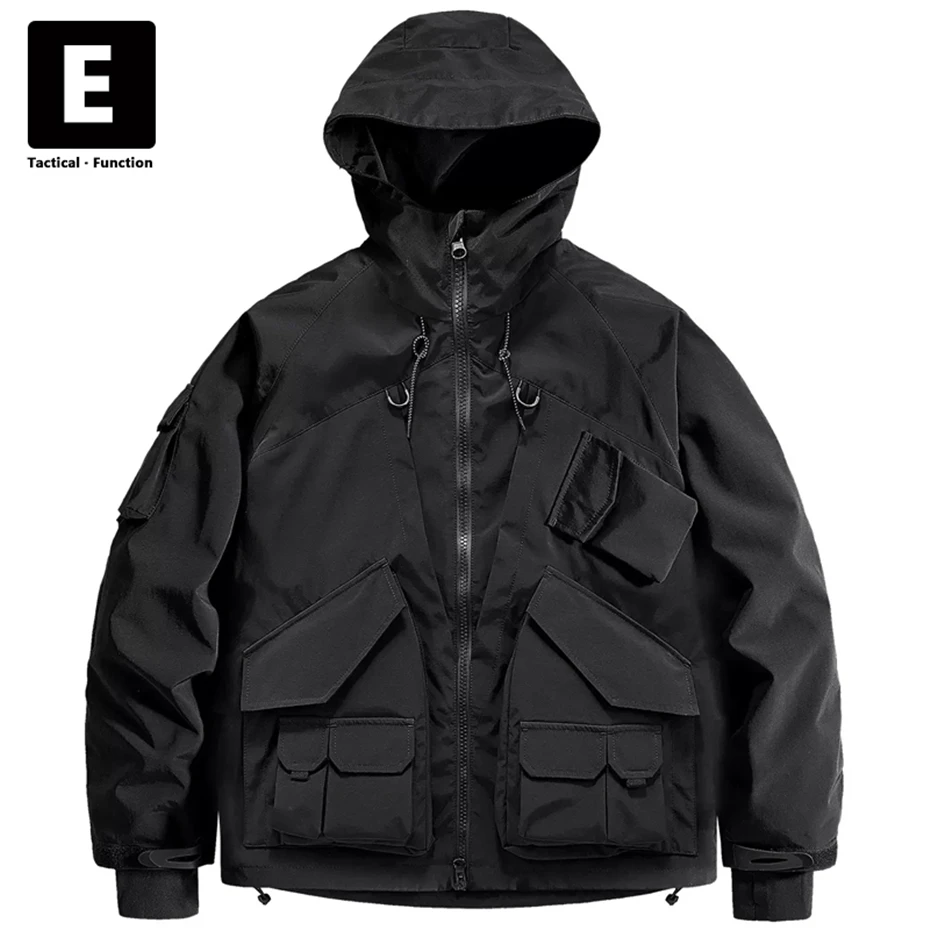 

Black Cargo Jackets Men Techwear Multiple Pockets Cargo Coat Male Hooded Windbreaker Streetwear Jacket Black