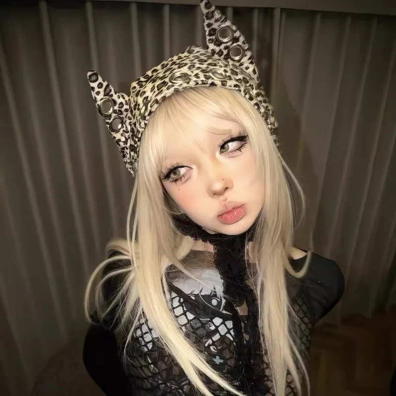 Punk Leopard Fluffy Devil Horn Beanie Hat, Women Y2K Metal Ring Thermal Plush Pullover Hat,Winter Windproof Warm Streetwear Hat