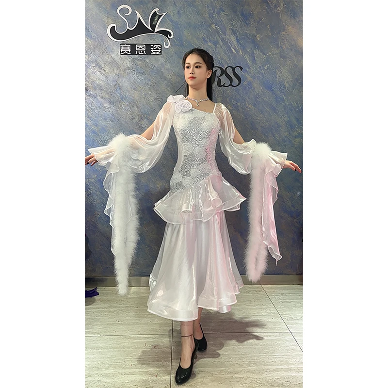 2026 White Ballroom Dance Competition Dress Women Waltz Dance Costumes Feather Sequin High End Prom Dress Performance Wear 18420 view 5