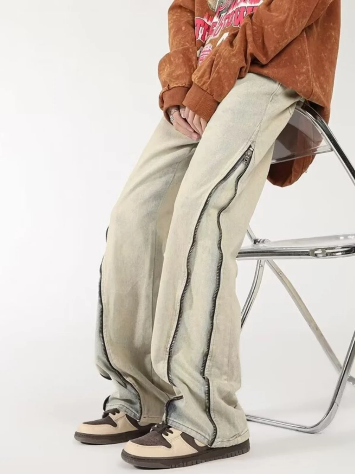 

Retro American Denim Jeans Men's Spring Autumn Loose Wide Leg Pants Elastic Vibe Micro Flared Trousers Youth Trend Cotton Wear