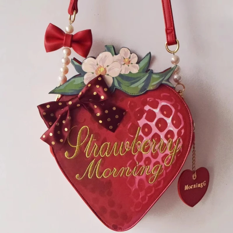 Strawberry Lolita Sweet Cute Girls Crossbody Handbag, Lovely Fruit Pattern Shoulder Bag, Daily Party Matching Costume Accessory