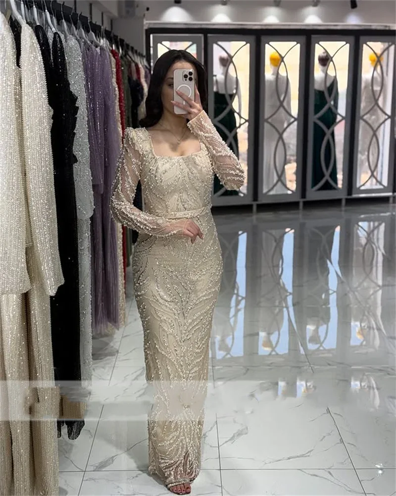 

Роскошные вечерние платья русалки с кружевом и бисером в Дубае по индивидуальному заказу, 2022, вечерние платья с квадратным воротником и длинными рукавами, robes de soirée