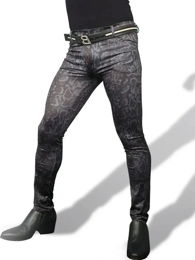 

M-3XL Snake Prints Elastic Men Pencel Pants Tights Legging Milk Silk Jeans Spodnie Pantalon Trousers Fashion Streetwear Clubwear