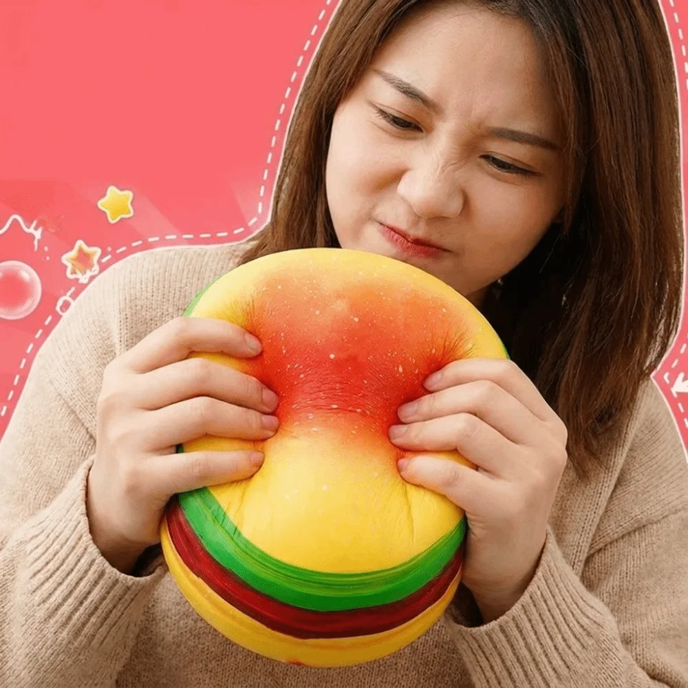 tpr素材ハンバーガーストレス解消ピンチおもちゃ、ゆっくり戻るピンチデザイン、バーガー型スクイーズ、シミュレーションフード、ソフトスクイーズ