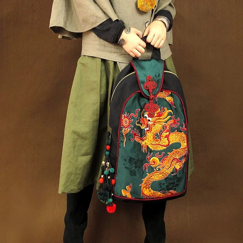 Chinese tradition Chic leisure travel dragon embroidery canvas backpack dragon ethnic bag schoolbag travelling bag Hiking bag