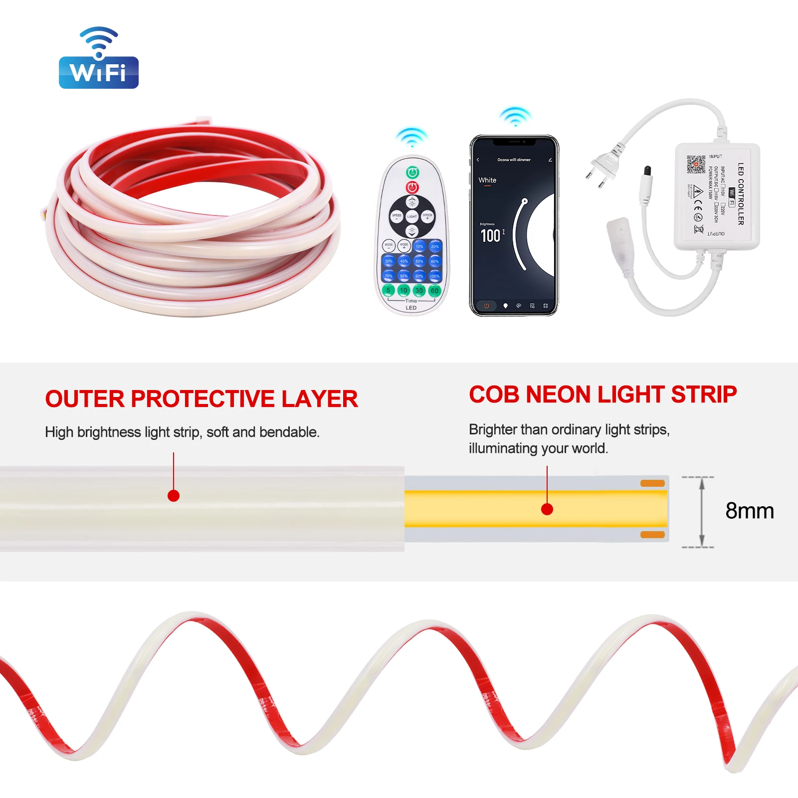 Tuya WiFi COB LED Strip Light Dimmable Flexible LED Tape 220V 288LEDs/m Bluetooth COB Lights Linear Light With Adhesive tape