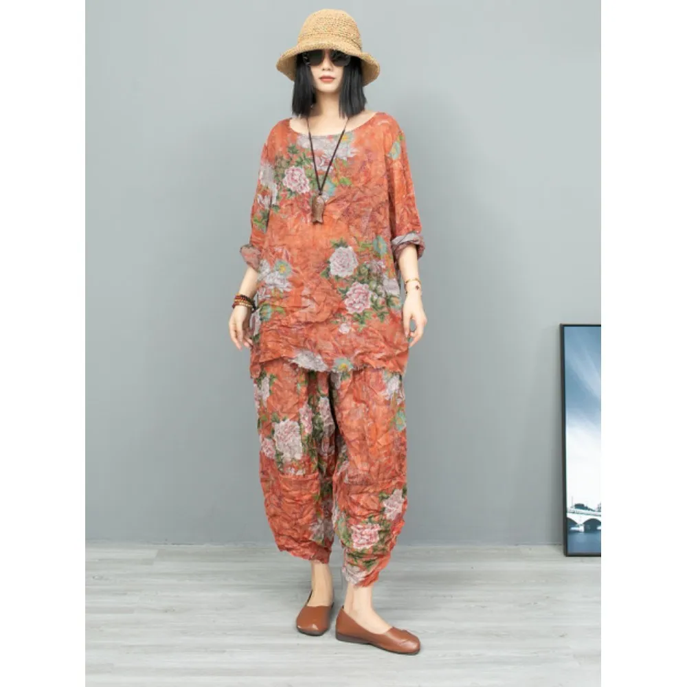 

2024 Summer Peony Flower Vintage Ramie Long Sleeved Round Neck Top + Casual Pants Two-piece Set Women Thin Pant Set ZF083