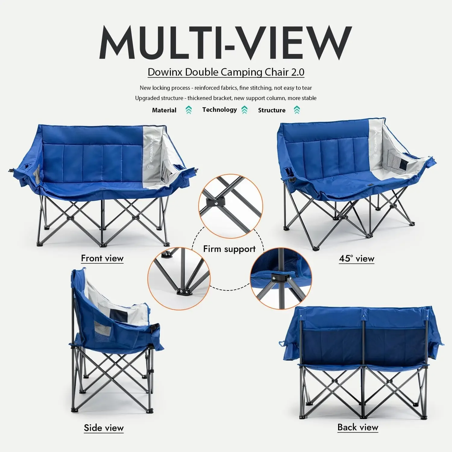 Double Camping Chair Portable Folding Outdoor Loveseat with Side Pockets, Lawn Chair Camping Couch for Beach/Outdoor/Patio, Padd