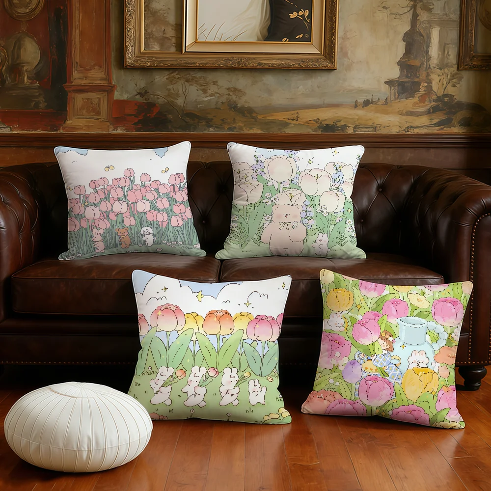 Tulip illustration Rabbit cushion cover Pillow Case Plush Fabric Soft Double Sided Print Sofa Cushion Cover Throw Pillow Covers
