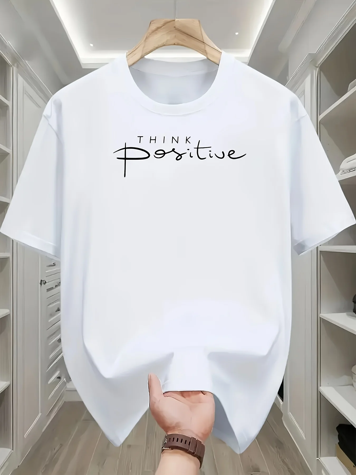 Men's Positive Letter Print T-Shirt, Simple Round Neck Short Sleeve, Polyester Casual Tops graphic t shirts oversized t shirt