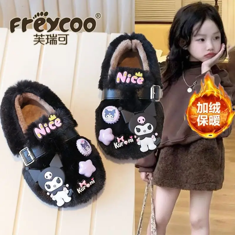 Kuromi Girls Cotton Shoes Sanrio Winter New Kawaii Kids Anime Cartoon Soft Bottom Anti-Slip Furry Shoe Cute Thicken Childr Shoes