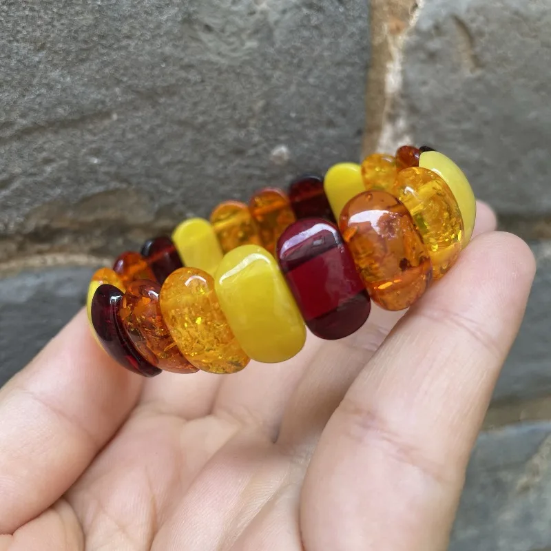 Optimized Amber Beeswax Flower Array Duobao Bracelet Bracelet Single Circle Women's Blood Amber Flat Bead Hand