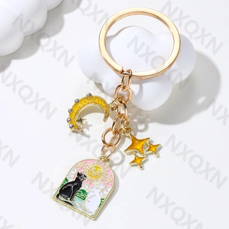 Mysterious Sun Moon Star Cat Enamel Keychain Cartoon Animals Natural Key Ring For Women Men Friendship Gift Handmade Jewlery Set