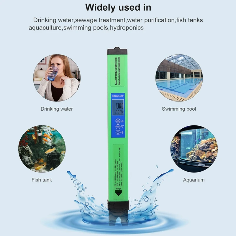 Green Water Quality Tester Digital EC TDS SALT SG TEMP Detector Bluetooth APP Control For Drinking Laboratory Aquarium