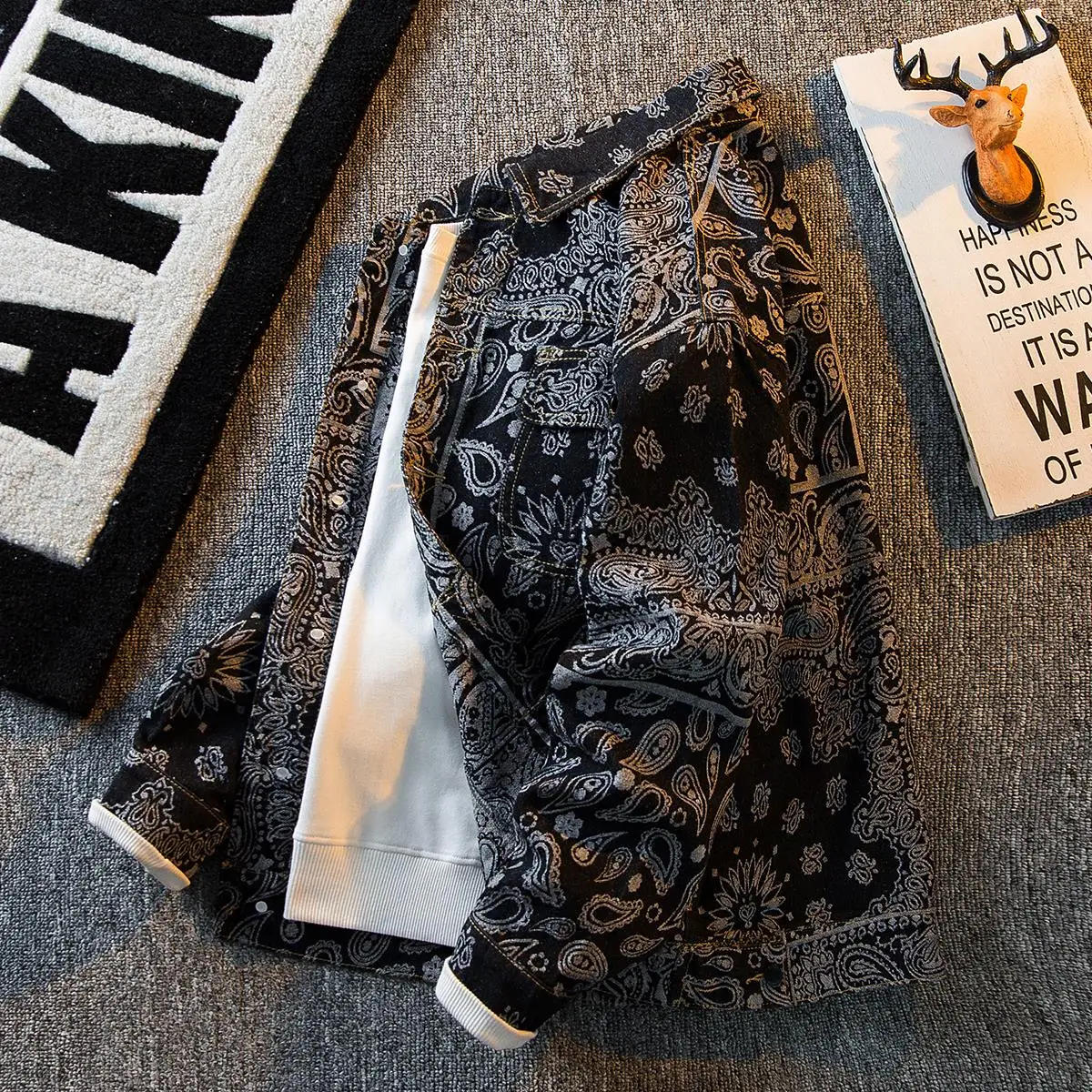 

American Retro Floral Jaet Men's Spring Autumn Bla Denim Jaet Loose Fit Embroidery Youth Trendy Casual Outerwear