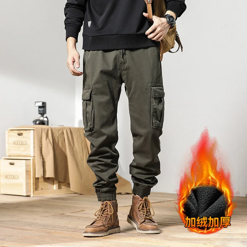 

Men's Winter Cargo Joggers Fleece Lined Thickened Loose Fit Retro Elastic Waist Multi-Pocket Pants