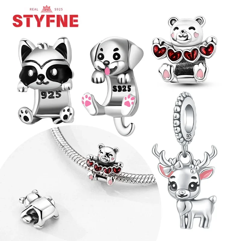 Silver S925 Charms Beads Cute Pets Cat Dog Heart Bead Pendant Fit Bangle Bracelet DIY Fine Jewelry Marking Gift for Women