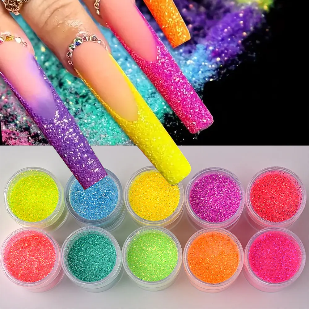 10 Potten/SET Lichtgevende Nail Glitter Poeder Glow In The Dark Ultra Dunne Multi Kleuren Holografische Fluorescerende Pigment Nail Art decors