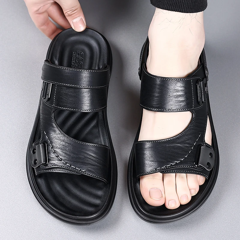 Men's Adjustable Strap Sandals with Dual Buckle Closure for Casual Summer Wear, Lightweight Comfortable Design with Stitched Det