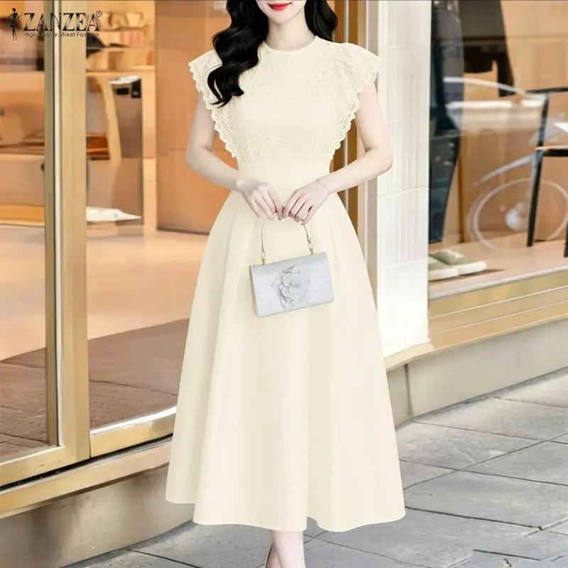Damen Sommer Spitzenkleider 2026 ZANZEA Elegantes Stilvolles A-Linien-Partykleid O-Ausschnitt Kurzarm Satin Arbeitskleid Sommerkleid Robe