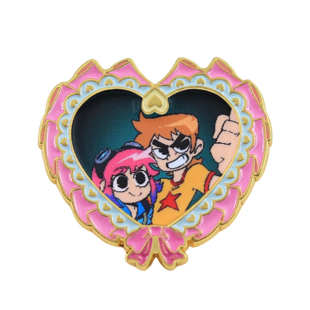 Scott Pilgrim & Ramona Flowers Cartoon Couple Brooch Heart Pin Vintage Anime Comic Jewelry Fan Gift